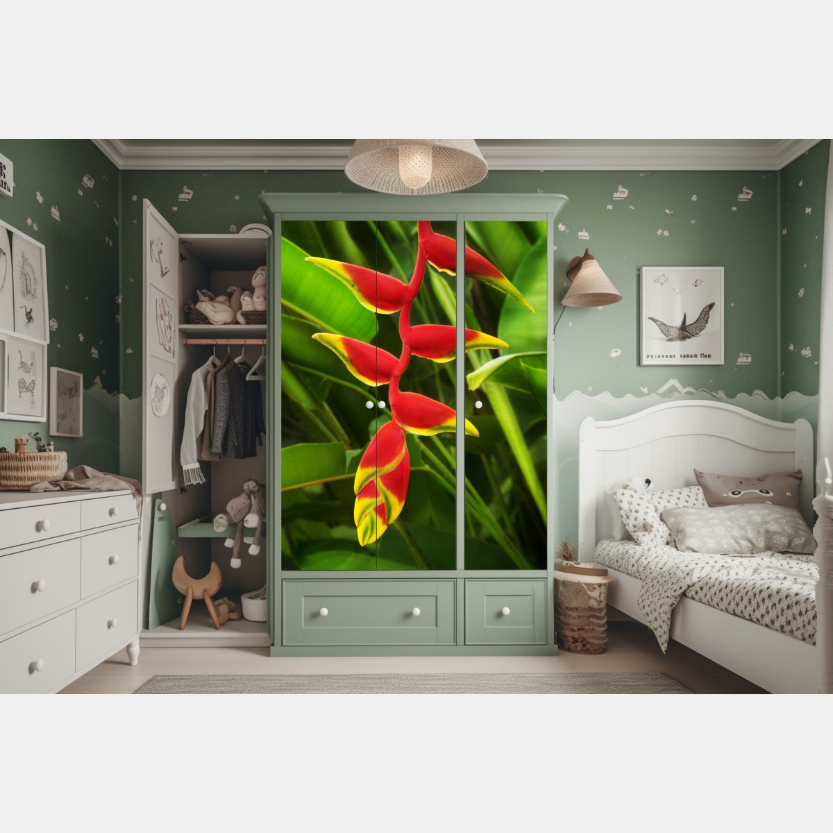 Schrankaufkleber leuchtende heliconia im tropischen laub – Wallnifity® Schrankaufkleber leuchtende heliconia im tropischen laub – Wallnifity®