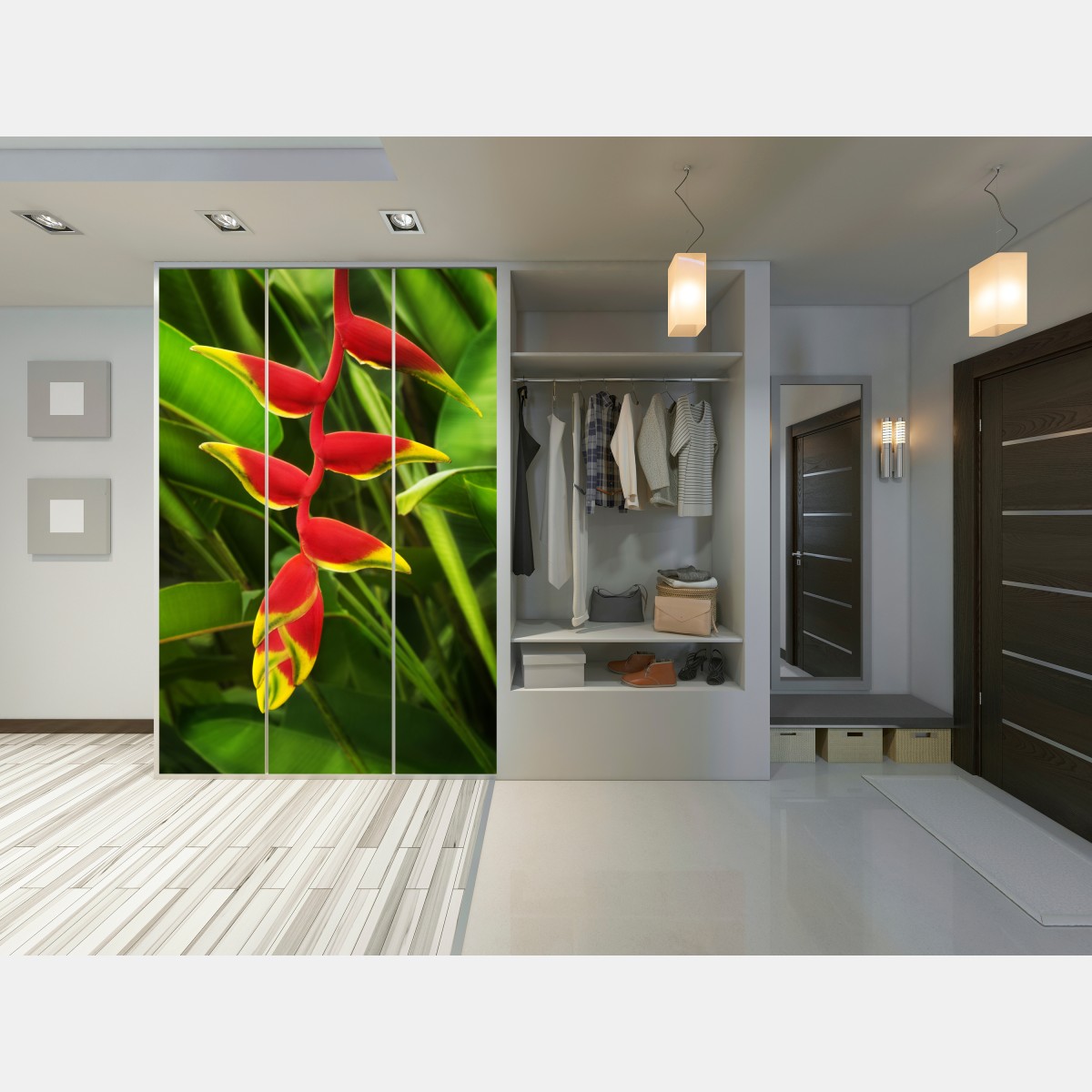 Schrankaufkleber leuchtende heliconia im tropischen laub – Wallnifity® Schrankaufkleber leuchtende heliconia im tropischen laub – Wallnifity®
