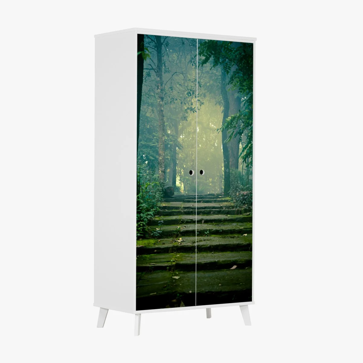 Schrankaufkleber moosbedeckte steintreppe in den nebligen wald – Wallnifity® Schrankaufkleber moosbedeckte steintreppe in den nebligen wald – Wallnifity®