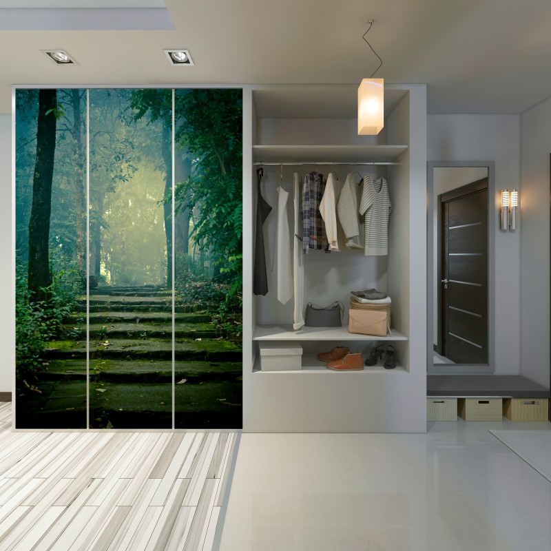 Schrankaufkleber moosbedeckte steintreppe in den nebligen wald – Wallnifity® Schrankaufkleber moosbedeckte steintreppe in den nebligen wald – Wallnifity®