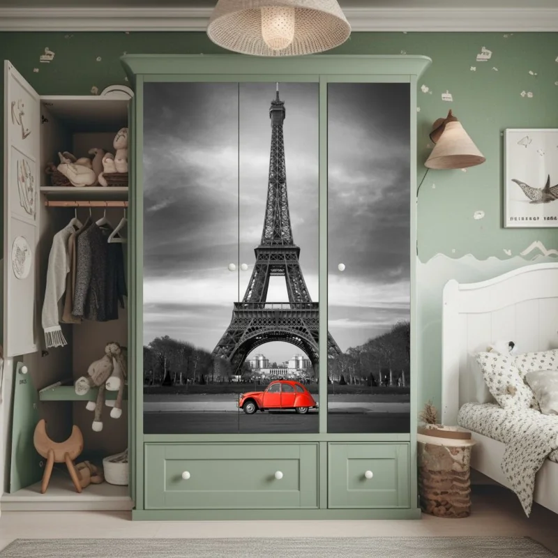Schrankaufkleber Eiffelturm mit rotem vintage-auto – Wallnifity® Schrankaufkleber Eiffelturm mit rotem vintage-auto – Wallnifity®