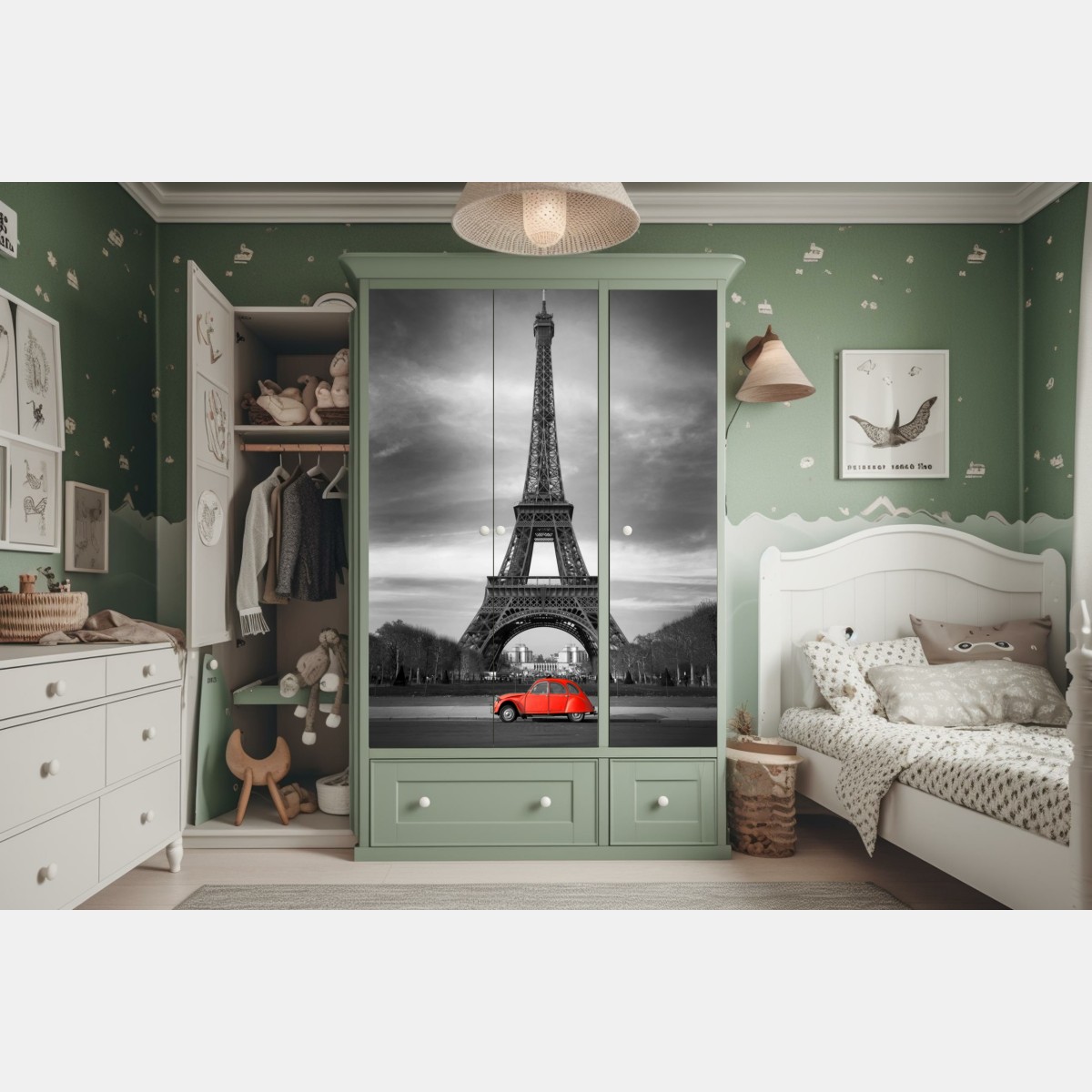 Schrankaufkleber Eiffelturm mit rotem vintage-auto – Wallnifity® Schrankaufkleber Eiffelturm mit rotem vintage-auto – Wallnifity®