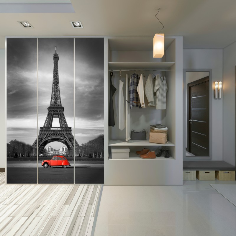Schrankaufkleber Eiffelturm mit rotem vintage-auto – Wallnifity® Schrankaufkleber Eiffelturm mit rotem vintage-auto – Wallnifity®