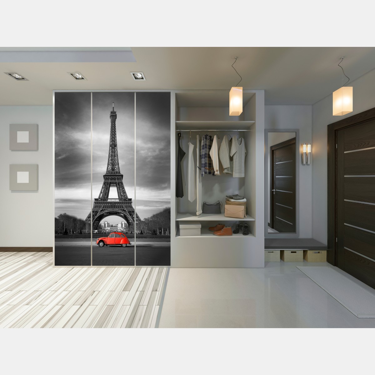 Schrankaufkleber Eiffelturm mit rotem vintage-auto – Wallnifity® Schrankaufkleber Eiffelturm mit rotem vintage-auto – Wallnifity®