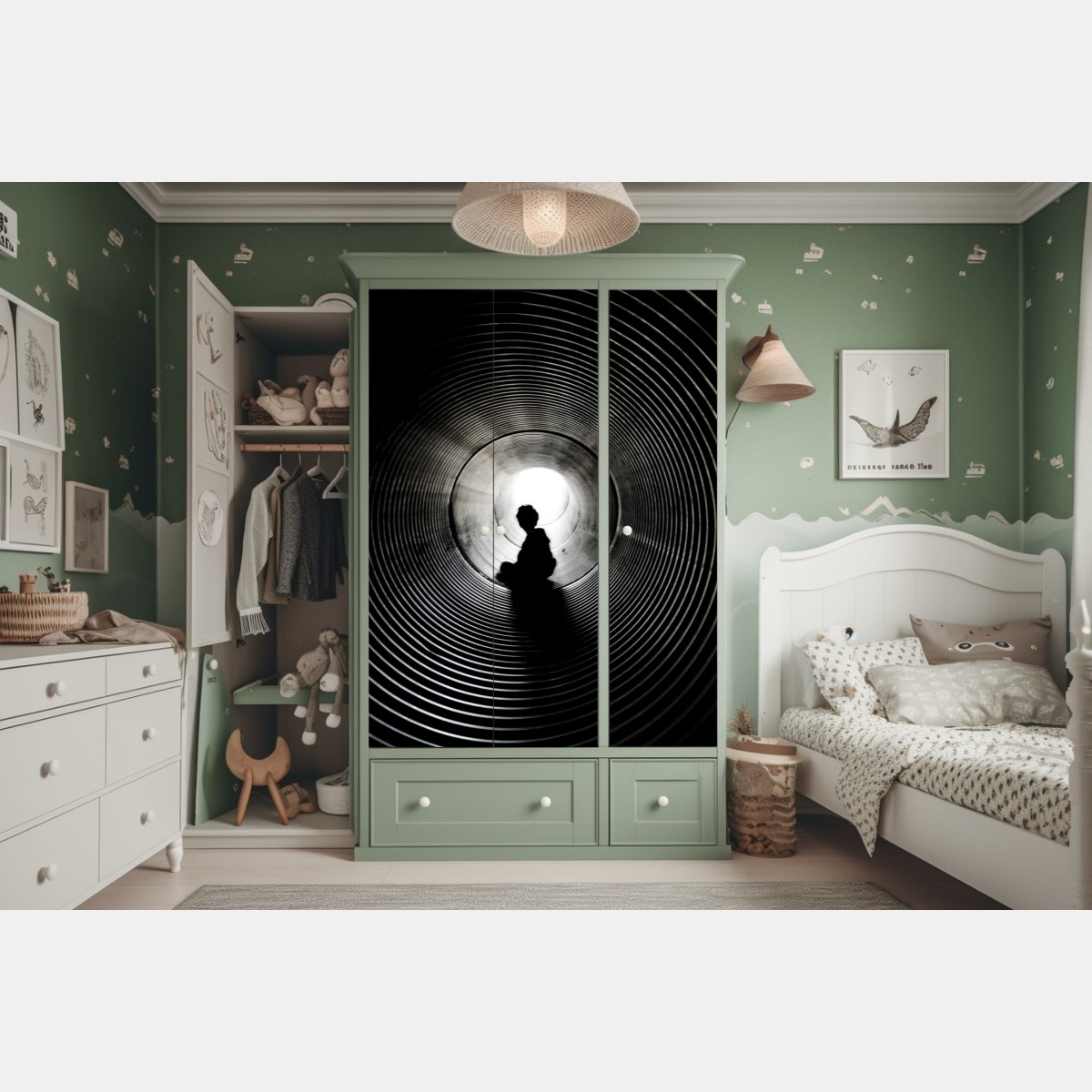 Schrankaufkleber silhouette in einem spiraltunnel – Wallnifity® Schrankaufkleber silhouette in einem spiraltunnel – Wallnifity®