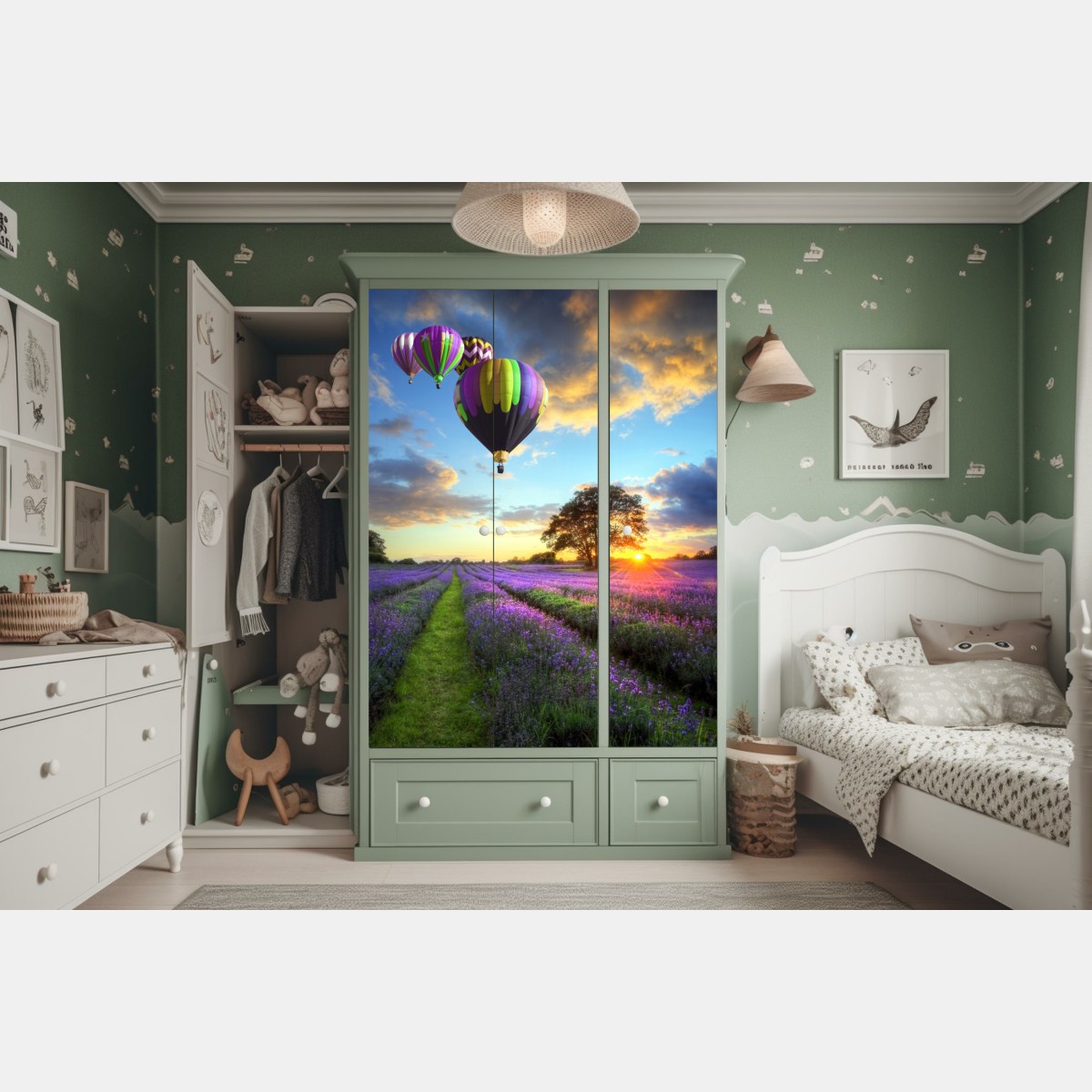 Schrankaufkleber lavendersonnenuntergang mit bunten heißluftballons – Wallnifity® Schrankaufkleber lavendersonnenuntergang mit bunten heißluftballons – Wallnifity®