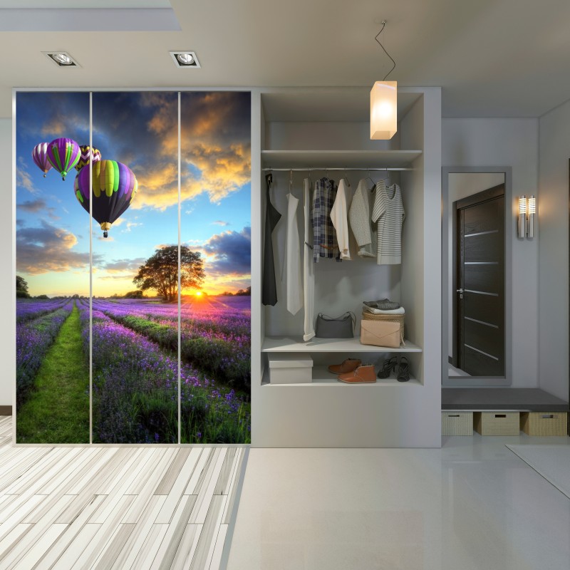 Schrankaufkleber lavendersonnenuntergang mit bunten heißluftballons – Wallnifity® Schrankaufkleber lavendersonnenuntergang mit bunten heißluftballons – Wallnifity®