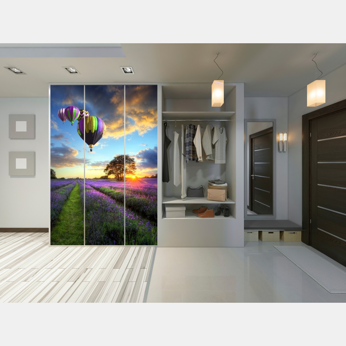 Schrankaufkleber lavendersonnenuntergang mit bunten heißluftballons – Wallnifity® Schrankaufkleber lavendersonnenuntergang mit bunten heißluftballons – Wallnifity®