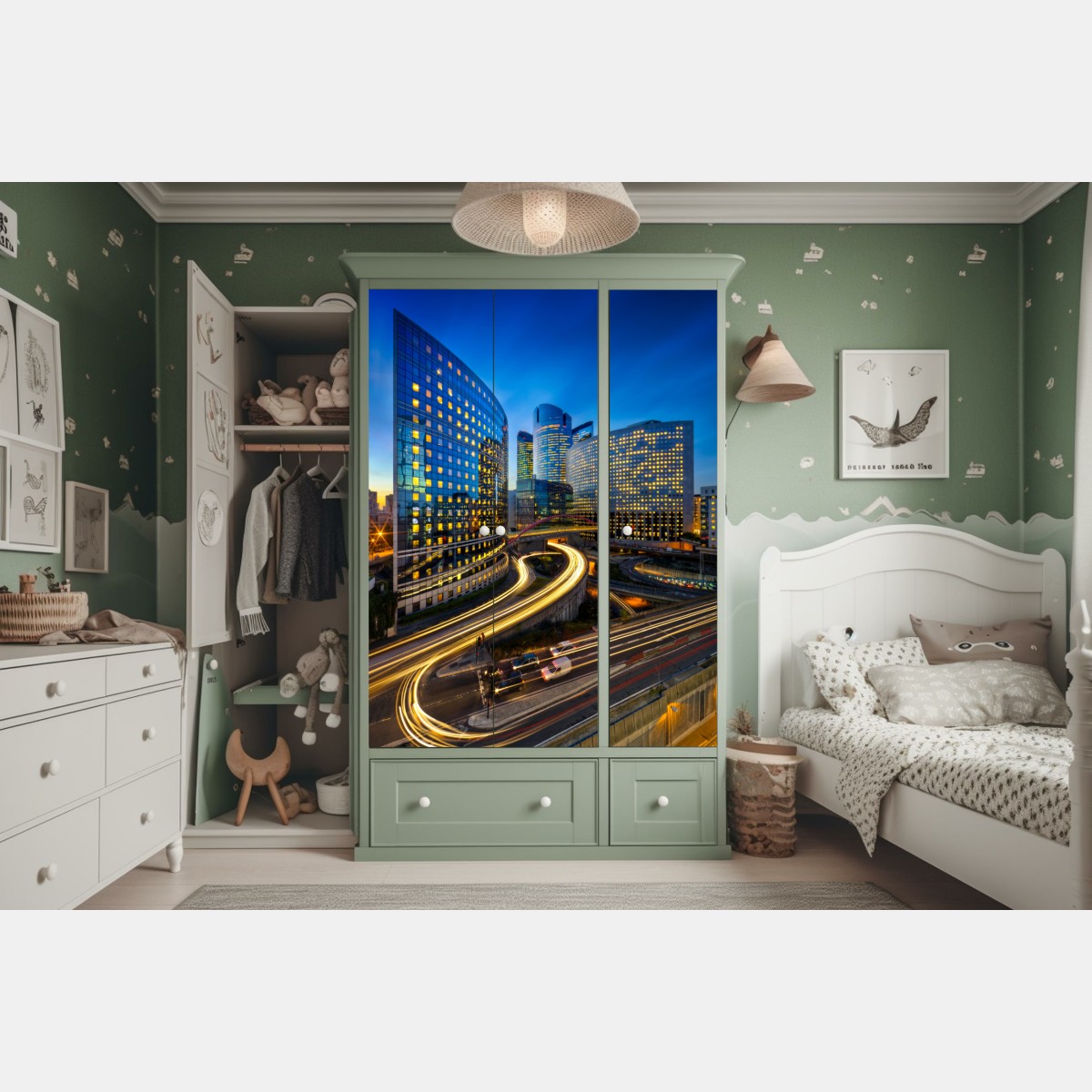 Schrankaufkleber moderne stadtsilhouette bei dämmerung – Wallnifity® Schrankaufkleber moderne stadtsilhouette bei dämmerung – Wallnifity®