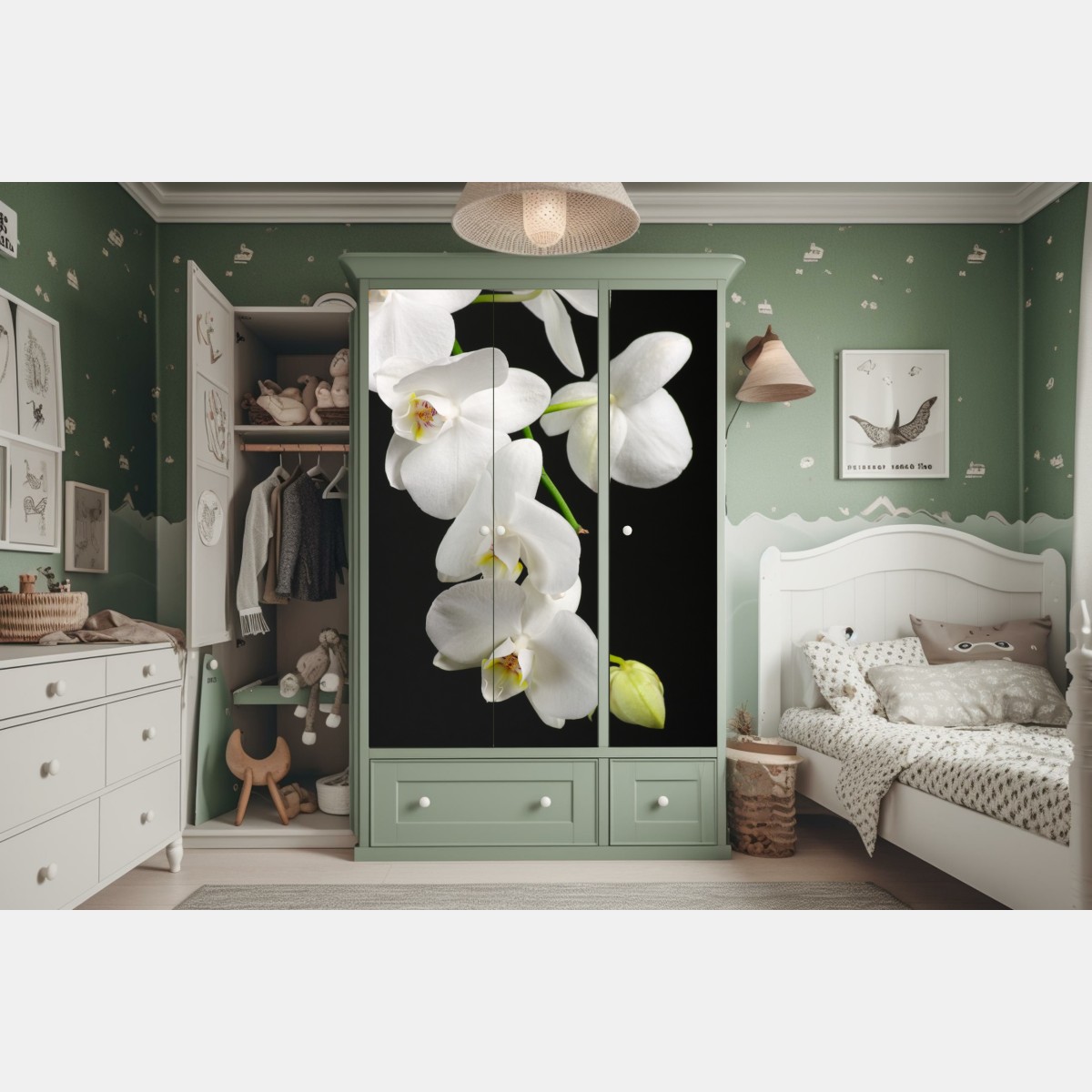 Schrankaufkleber weißer orchideenzweig vor schwarzem hintergrund – Wallnifity®