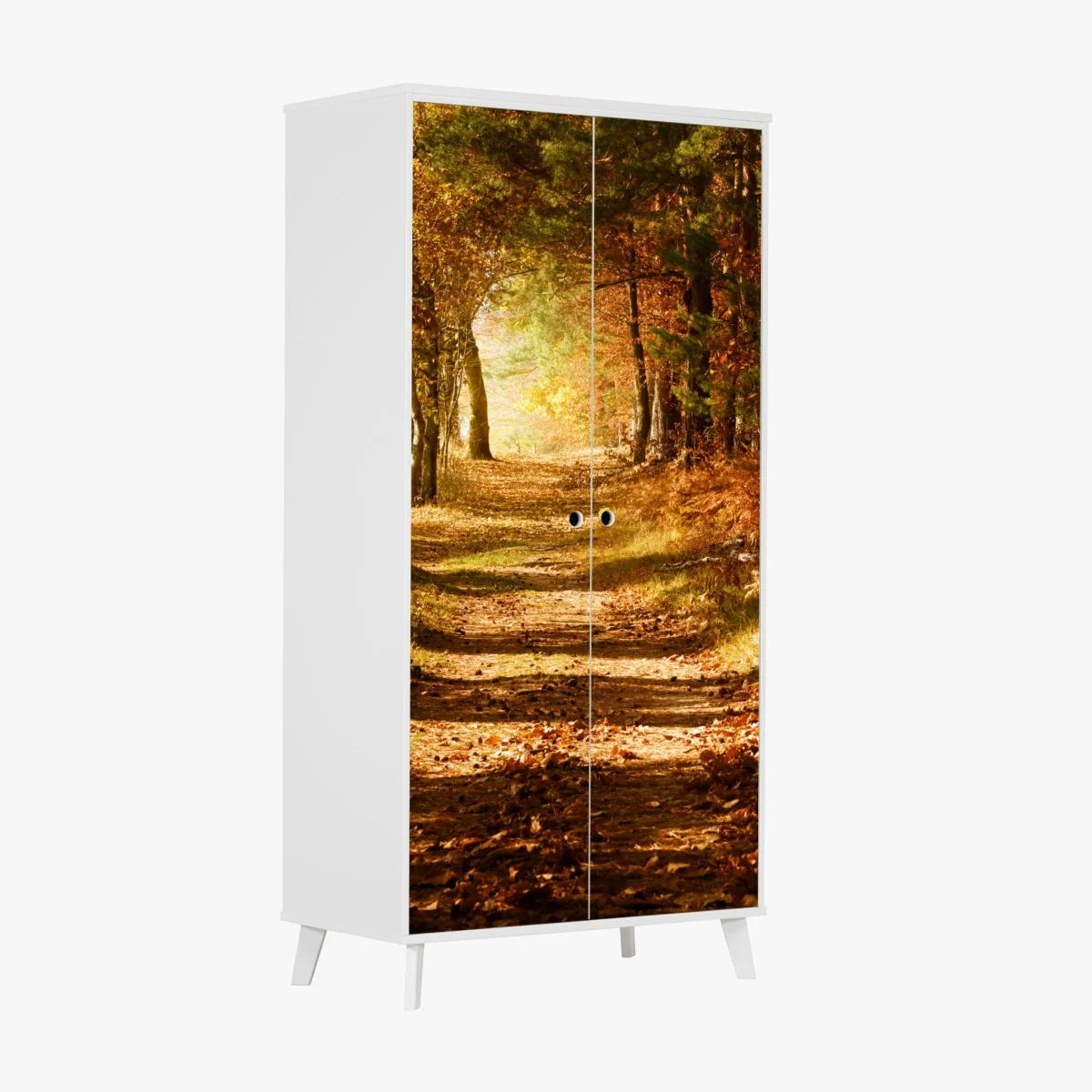 Schrankaufkleber herbstlicher waldweg mit goldenem licht – Wallnifity® Schrankaufkleber herbstlicher waldweg mit goldenem licht – Wallnifity®