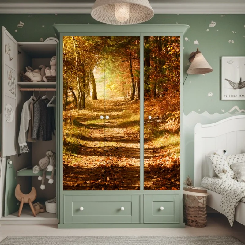 Schrankaufkleber sonnenuntergang über der städtischen küstenlinie – Wallnifity®