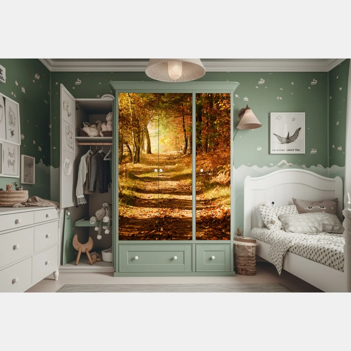 Schrankaufkleber herbstlicher waldweg mit goldenem licht – Wallnifity® Schrankaufkleber herbstlicher waldweg mit goldenem licht – Wallnifity®