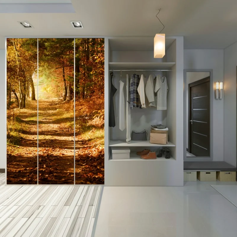 Schrankaufkleber herbstlicher waldweg mit goldenem licht – Wallnifity® Schrankaufkleber herbstlicher waldweg mit goldenem licht – Wallnifity®