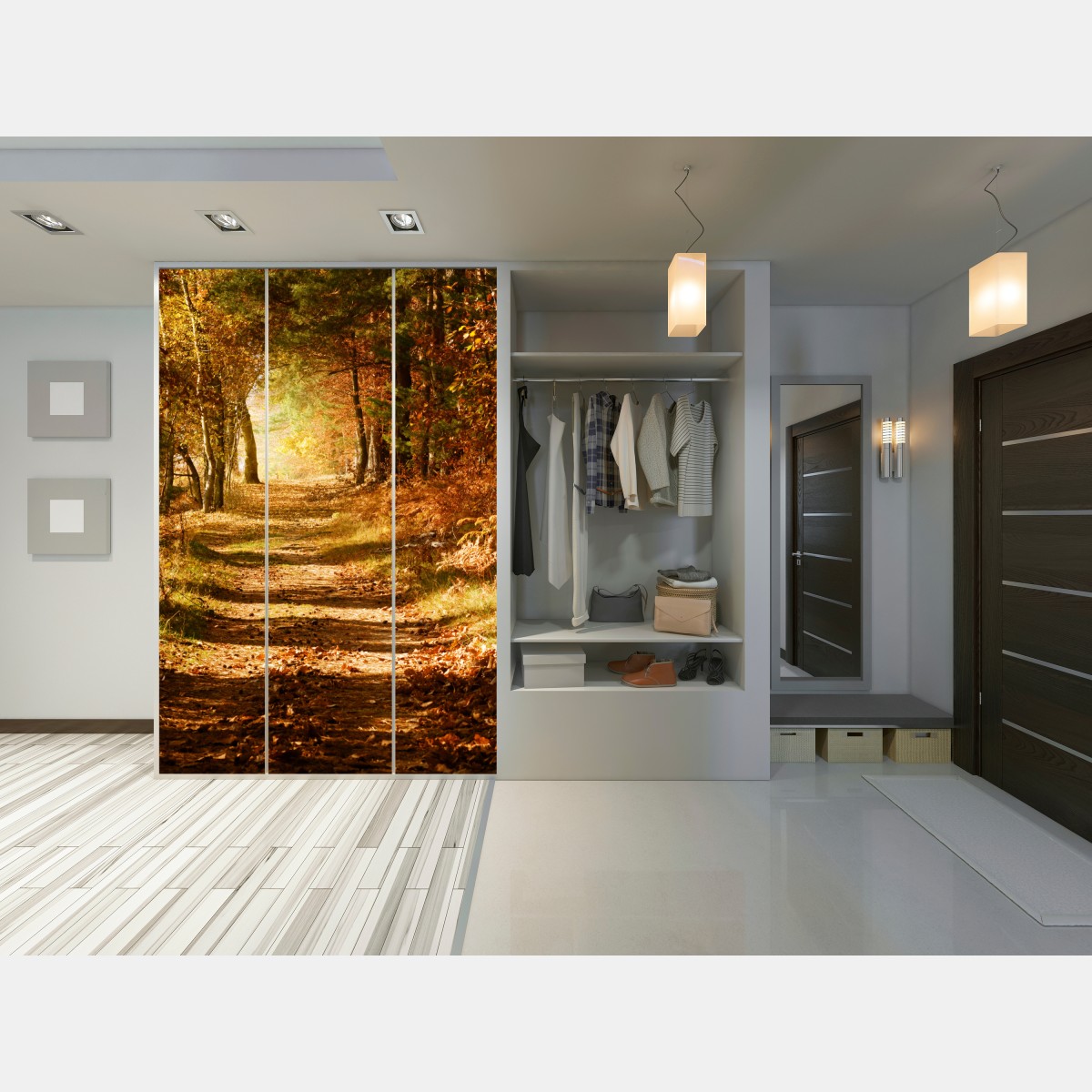 Schrankaufkleber herbstlicher waldweg mit goldenem licht – Wallnifity® Schrankaufkleber herbstlicher waldweg mit goldenem licht – Wallnifity®