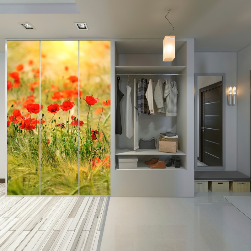 Schrankaufkleber rote mohnwiese im sonnenlicht – Wallnifity® Schrankaufkleber rote mohnwiese im sonnenlicht – Wallnifity®