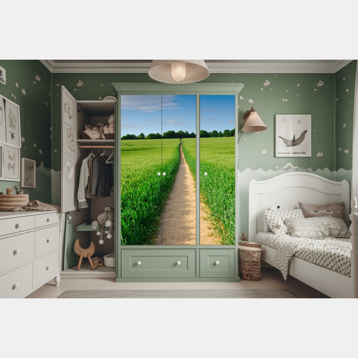 Schrankaufkleber sonnenbeschienener weg durch grüne wiese – Wallnifity® Schrankaufkleber sonnenbeschienener weg durch grüne wiese – Wallnifity®