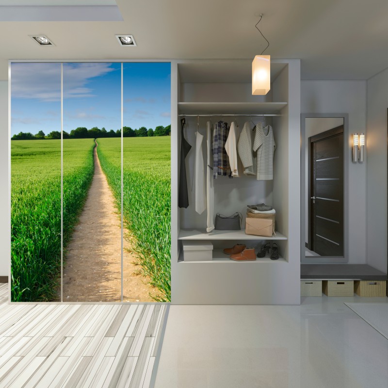 Schrankaufkleber sonnenbeschienener weg durch grüne wiese – Wallnifity® Schrankaufkleber sonnenbeschienener weg durch grüne wiese – Wallnifity®