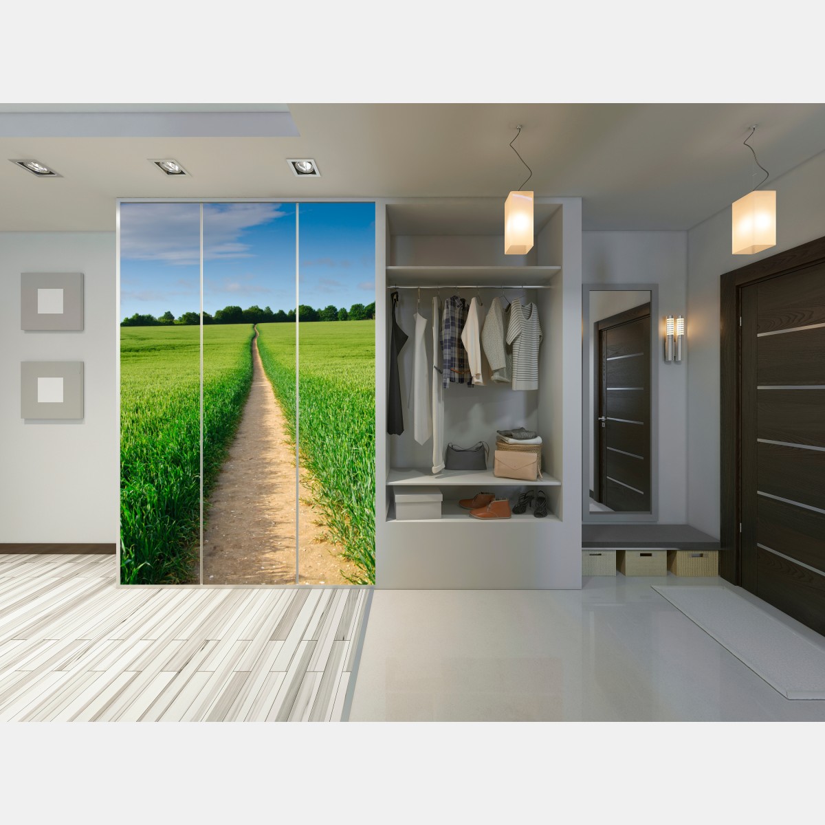 Schrankaufkleber sonnenbeschienener weg durch grüne wiese – Wallnifity® Schrankaufkleber sonnenbeschienener weg durch grüne wiese – Wallnifity®