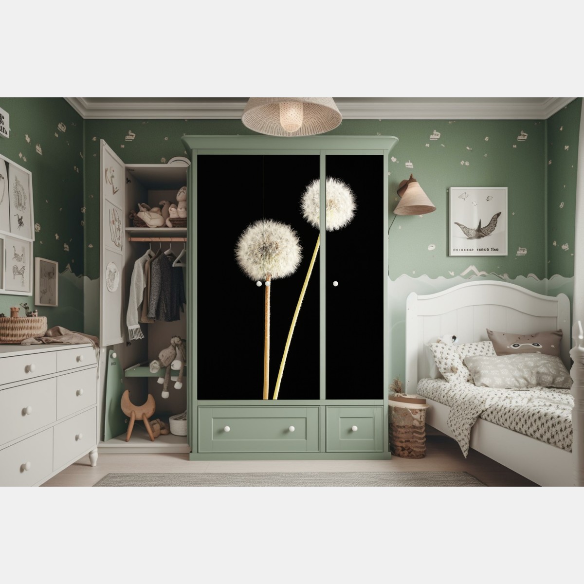 Schrankaufkleber zarte löwenzahnsamen auf schwarzem hintergrund – Wallnifity® Schrankaufkleber zarte löwenzahnsamen auf schwarzem hintergrund – Wallnifity®