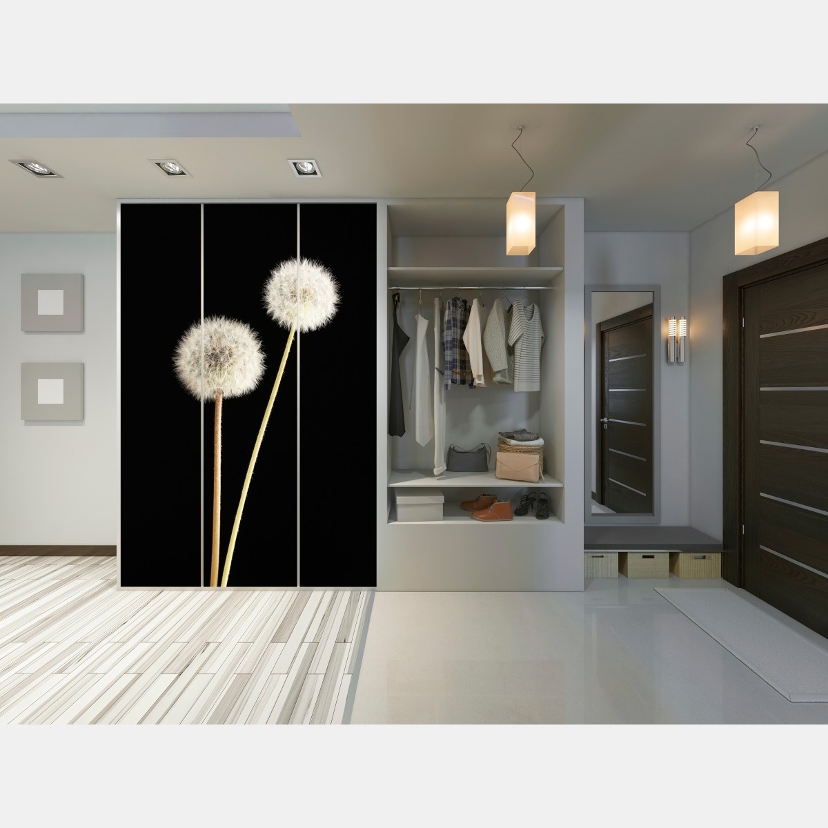 Schrankaufkleber zarte löwenzahnsamen auf schwarzem hintergrund – Wallnifity® Schrankaufkleber zarte löwenzahnsamen auf schwarzem hintergrund – Wallnifity®