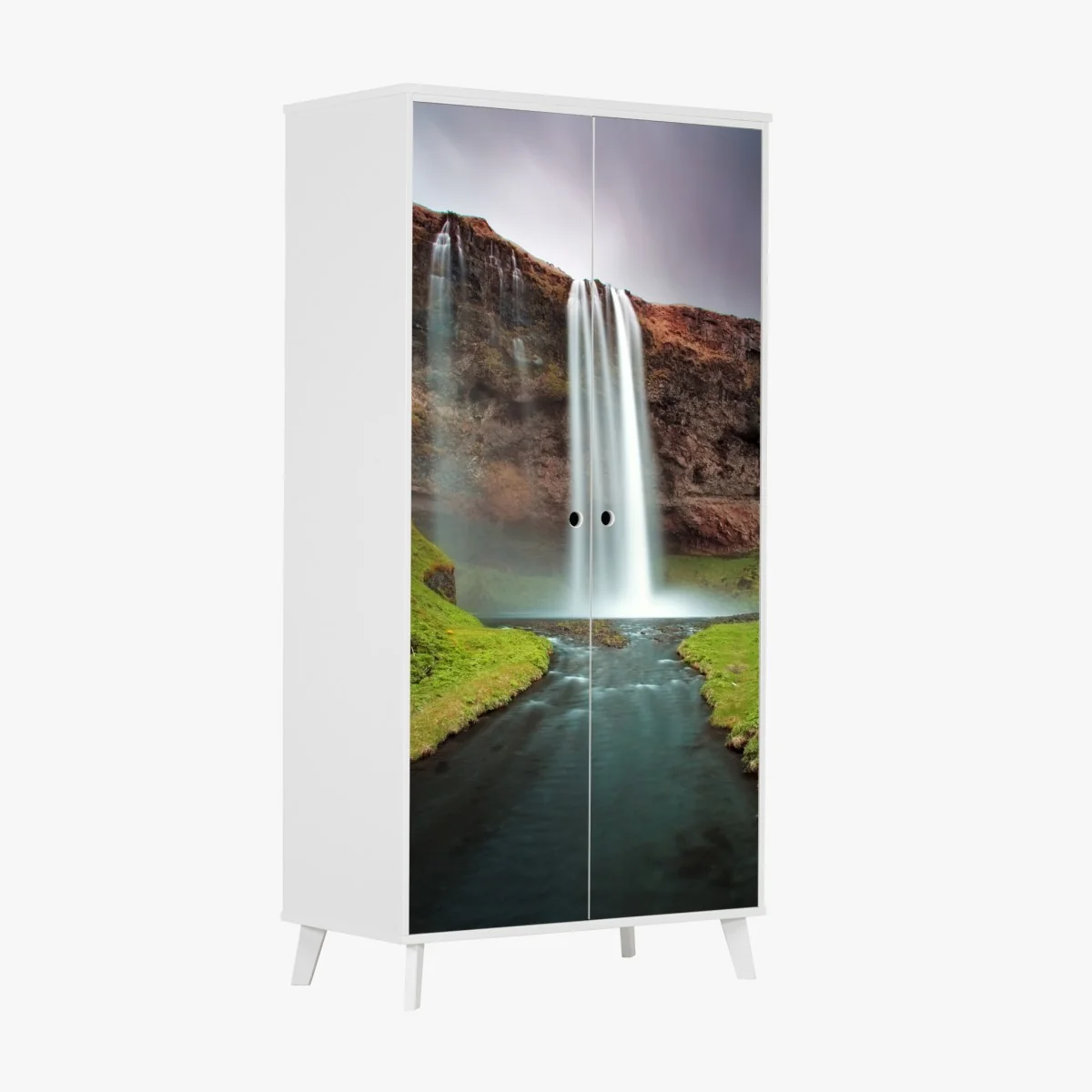 Schrankaufkleber nebeliger wasserfall im üppigen tal – Wallnifity® Schrankaufkleber nebeliger wasserfall im üppigen tal – Wallnifity®