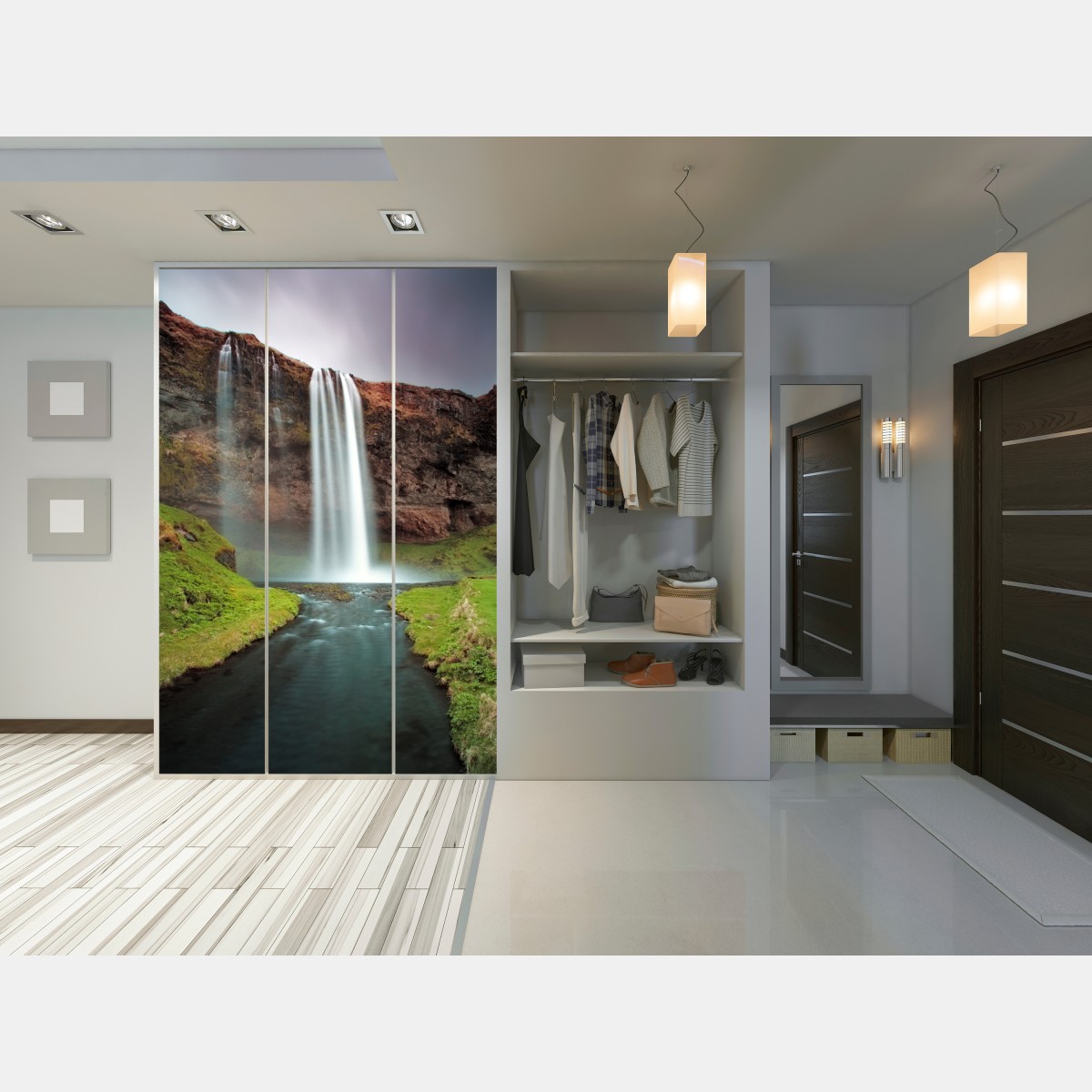 Schrankaufkleber nebeliger wasserfall im üppigen tal – Wallnifity® Schrankaufkleber nebeliger wasserfall im üppigen tal – Wallnifity®