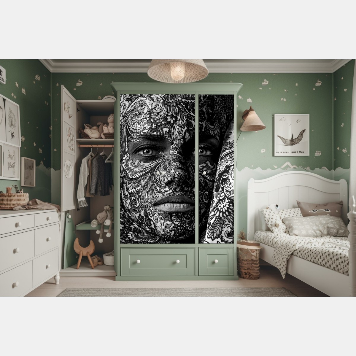 Schrankaufkleber ornamentales porträt mit floralen mustern – Wallnifity® Schrankaufkleber ornamentales porträt mit floralen mustern – Wallnifity®