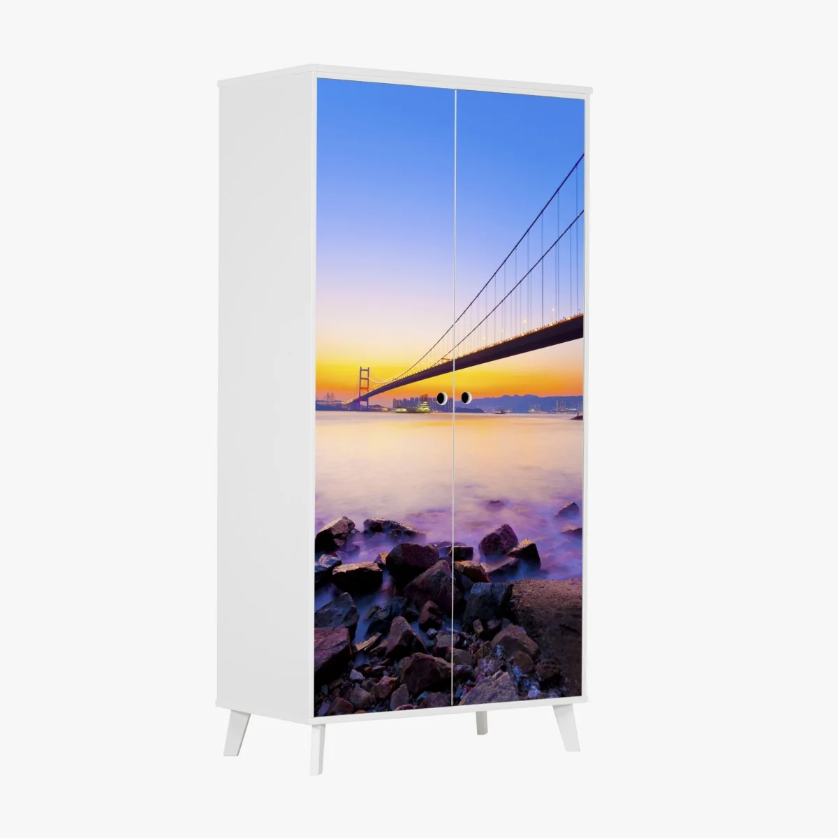 Schrankaufkleber goldener sonnenuntergang über hängebrücke – Wallnifity® Schrankaufkleber goldener sonnenuntergang über hängebrücke – Wallnifity®