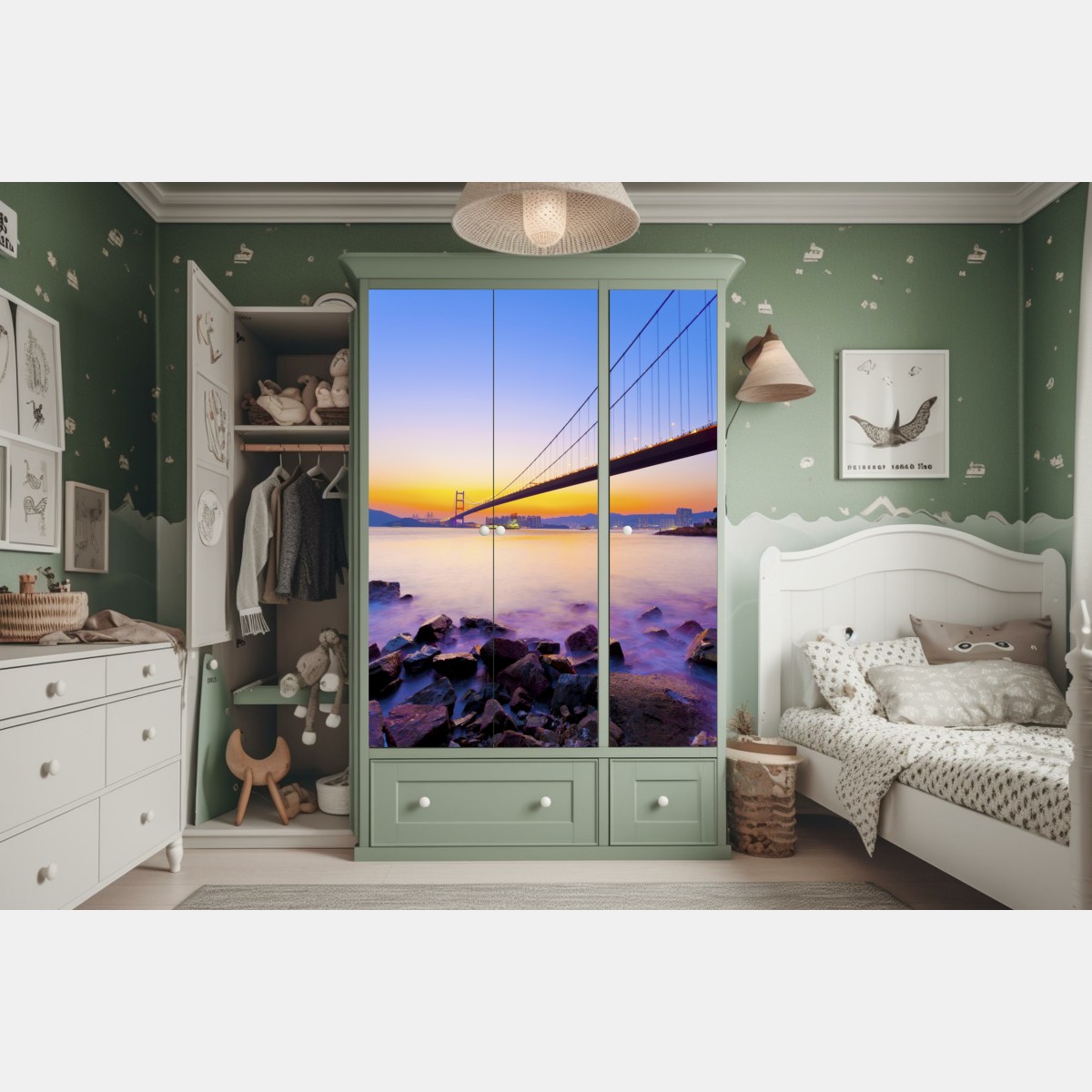 Schrankaufkleber goldener sonnenuntergang über hängebrücke – Wallnifity® Schrankaufkleber goldener sonnenuntergang über hängebrücke – Wallnifity®