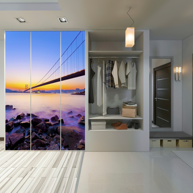 Schrankaufkleber goldener sonnenuntergang über hängebrücke – Wallnifity® Schrankaufkleber goldener sonnenuntergang über hängebrücke – Wallnifity®