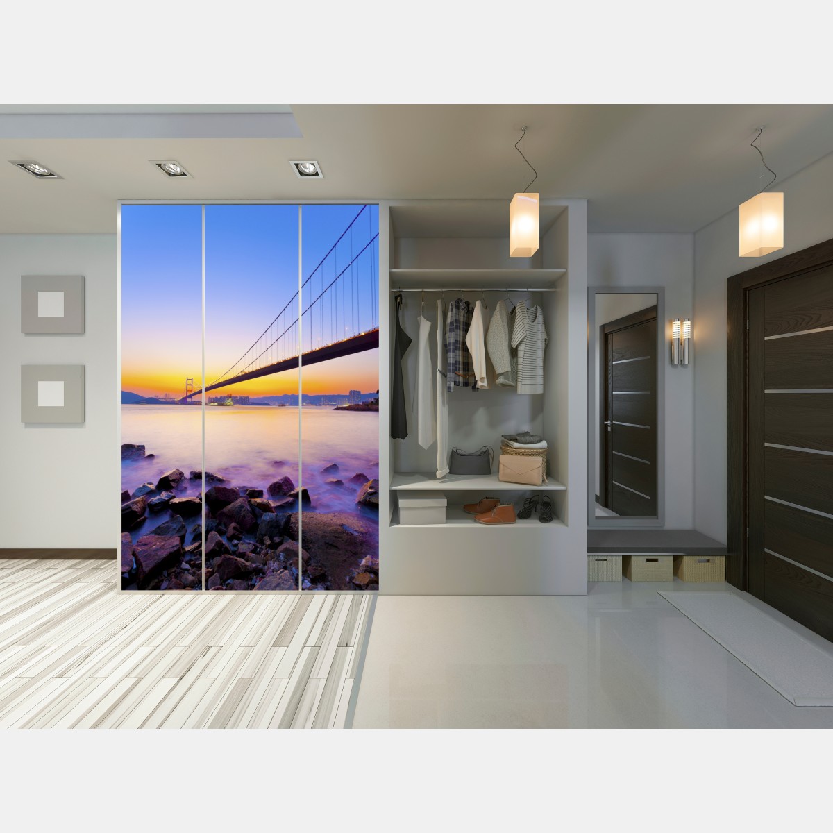 Schrankaufkleber goldener sonnenuntergang über hängebrücke – Wallnifity® Schrankaufkleber goldener sonnenuntergang über hängebrücke – Wallnifity®