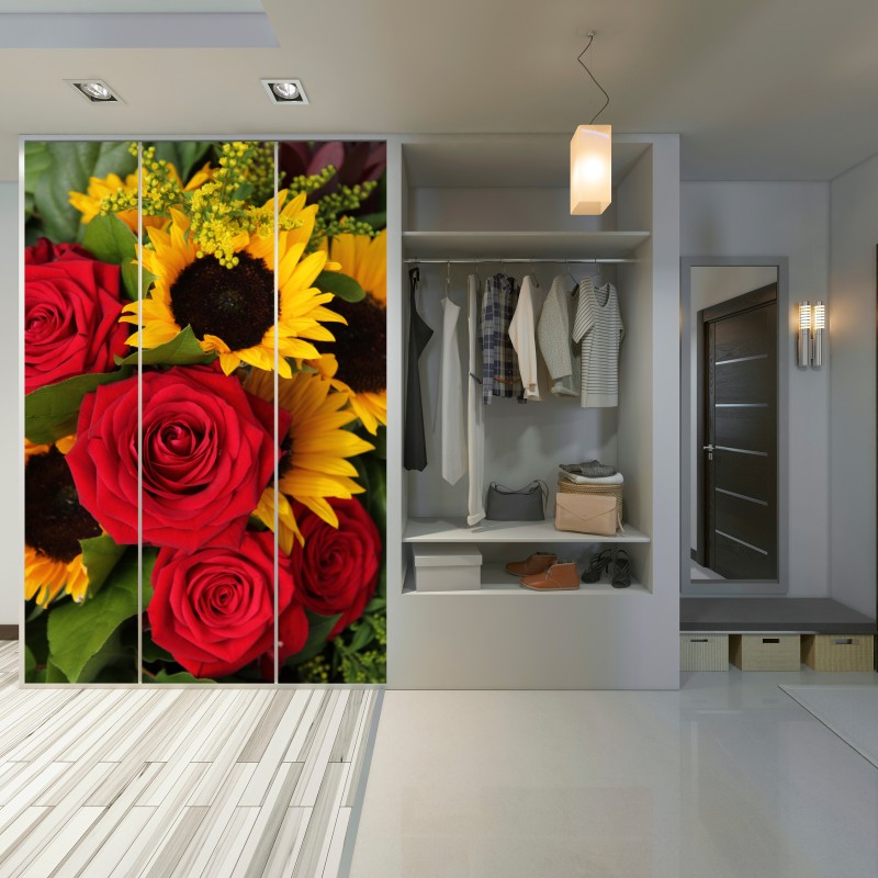 Schrankaufkleber rote rosen und sonnenblumen im bukett – Wallnifity® Schrankaufkleber rote rosen und sonnenblumen im bukett – Wallnifity®
