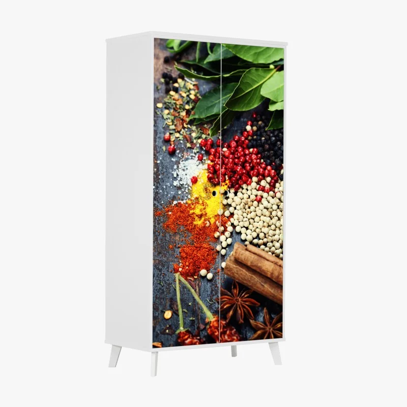 Schrankaufkleber buntes gewürzsortiment auf rustikalem holz – Wallnifity® Schrankaufkleber buntes gewürzsortiment auf rustikalem holz – Wallnifity®