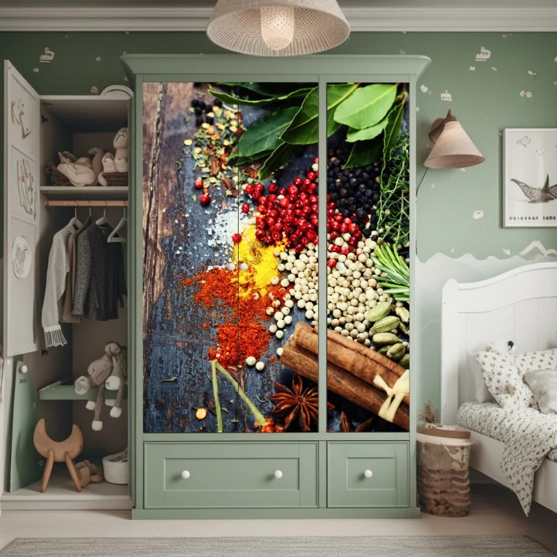 Schrankaufkleber buntes gewürzsortiment auf rustikalem holz – Wallnifity® Schrankaufkleber buntes gewürzsortiment auf rustikalem holz – Wallnifity®