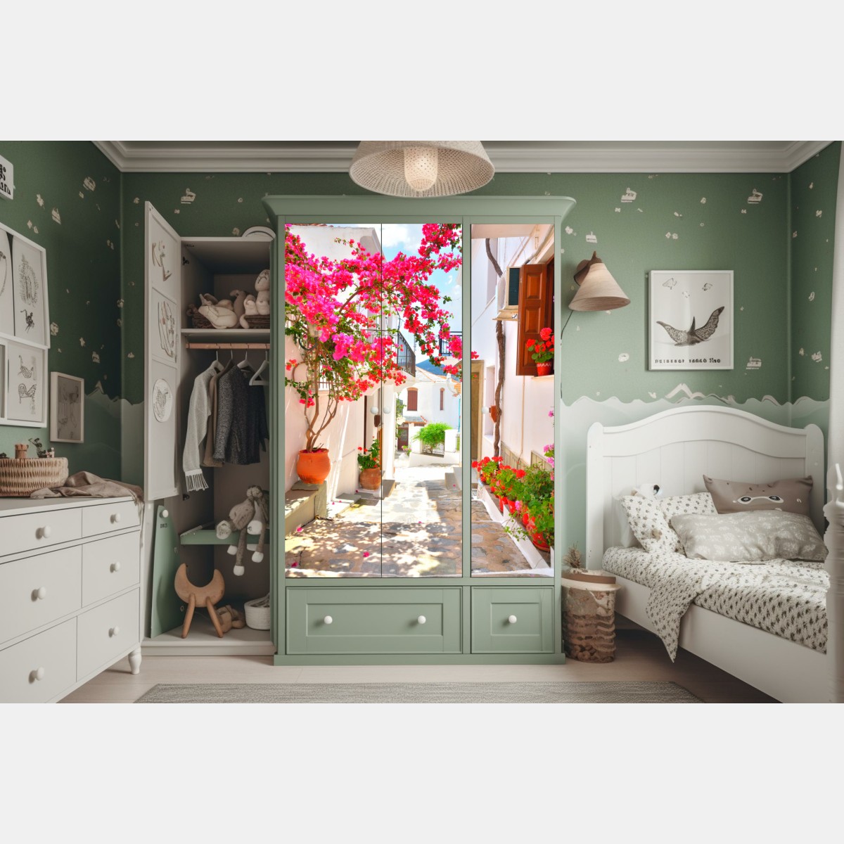Schrankaufkleber sonnige mediterrane gasse mit bougainvillea – Wallnifity® Schrankaufkleber sonnige mediterrane gasse mit bougainvillea – Wallnifity®