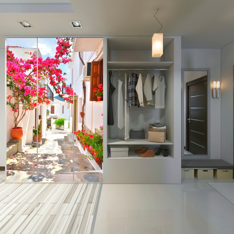 Schrankaufkleber sonnige mediterrane gasse mit bougainvillea – Wallnifity® Schrankaufkleber sonnige mediterrane gasse mit bougainvillea – Wallnifity®