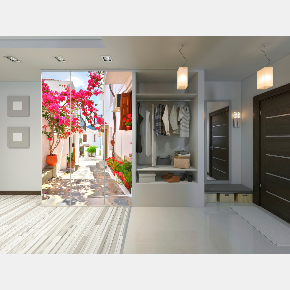 Schrankaufkleber sonnige mediterrane gasse mit bougainvillea – Wallnifity® Schrankaufkleber sonnige mediterrane gasse mit bougainvillea – Wallnifity®