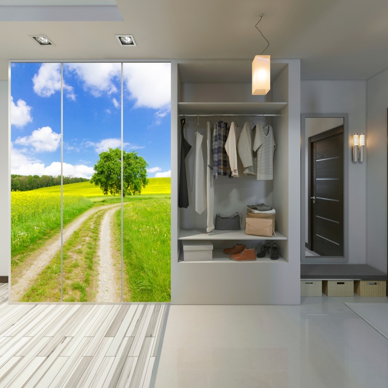 Schrankaufkleber sonniger feldweg mit einsamem baum – Wallnifity® Schrankaufkleber sonniger feldweg mit einsamem baum – Wallnifity®