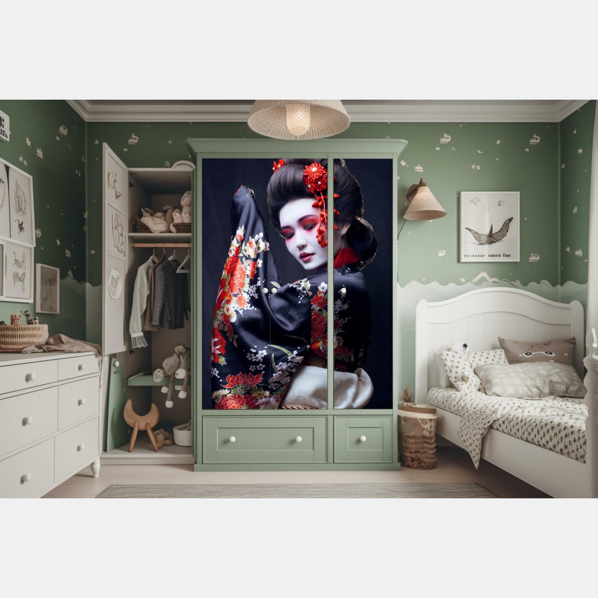 Schrankaufkleber elegantes geisha-porträt in rotem und schwarzem kimono – Wallnifity® Schrankaufkleber elegantes geisha-porträt in rotem und schwarzem kimono – Wallnifity®