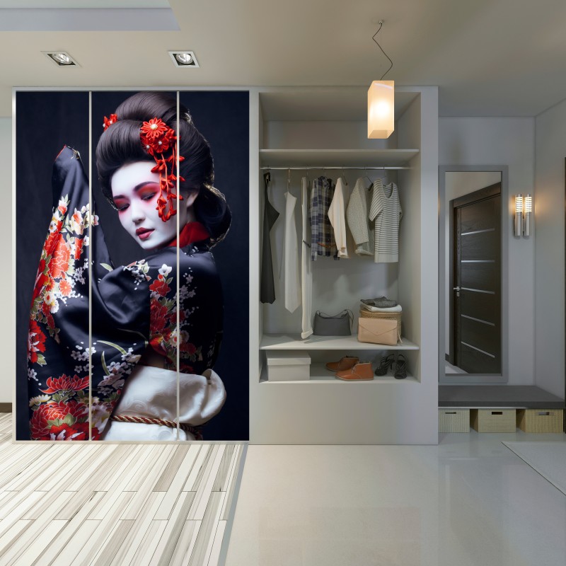 Schrankaufkleber elegantes geisha-porträt in rotem und schwarzem kimono – Wallnifity® Schrankaufkleber elegantes geisha-porträt in rotem und schwarzem kimono – Wallnifity®