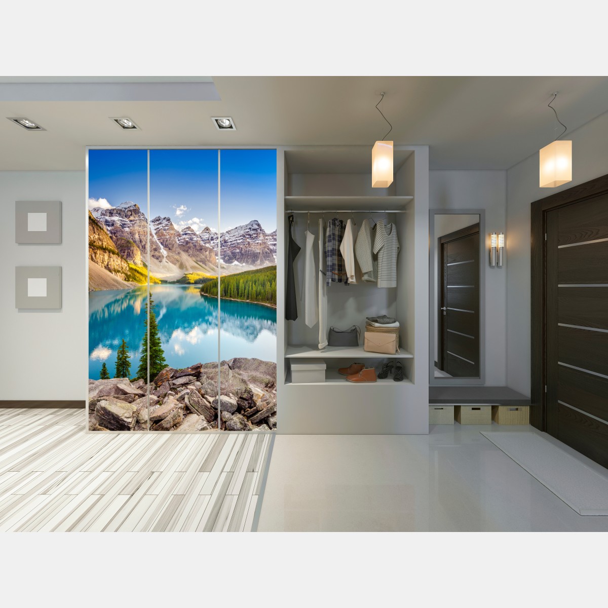 Schrankaufkleber sonnenbeschienenes Moraine Lake bergpanorama – Wallnifity® Schrankaufkleber sonnenbeschienenes Moraine Lake bergpanorama – Wallnifity®