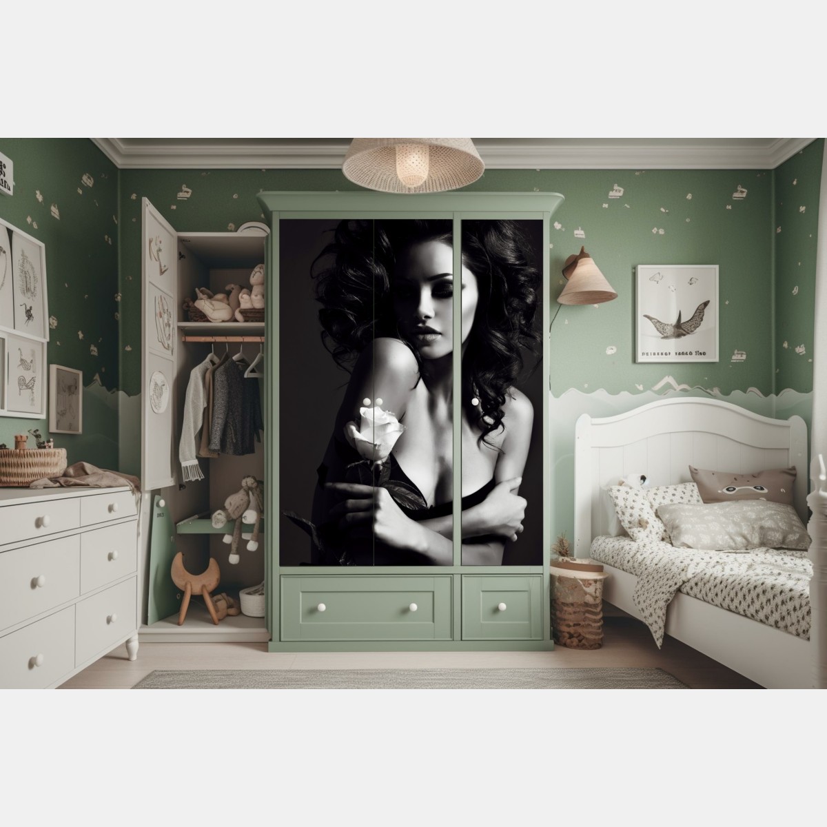 Schrankaufkleber sinnliches schwarzweiß-porträt mit rose – Wallnifity® Schrankaufkleber sinnliches schwarzweiß-porträt mit rose – Wallnifity®