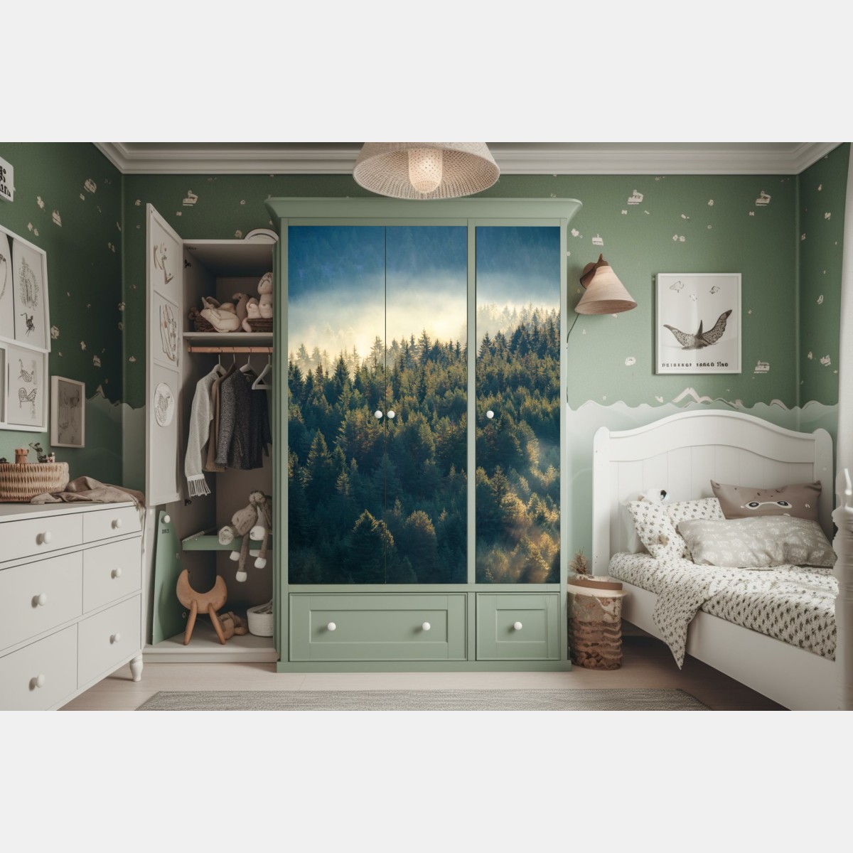 Schrankaufkleber nebliger kiefernwald im morgenlicht – Wallnifity® Schrankaufkleber nebliger kiefernwald im morgenlicht – Wallnifity®