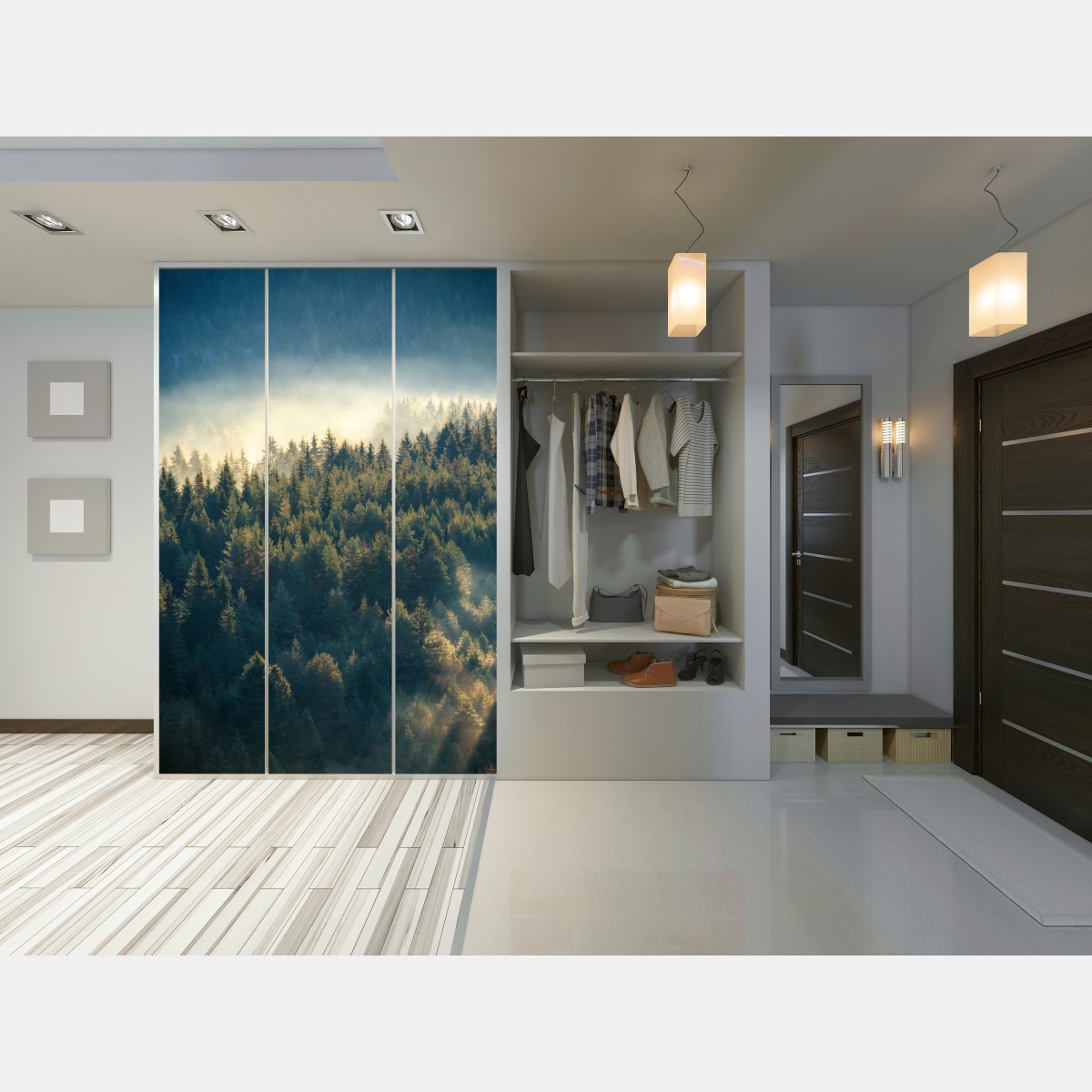 Schrankaufkleber nebliger kiefernwald im morgenlicht – Wallnifity® Schrankaufkleber nebliger kiefernwald im morgenlicht – Wallnifity®