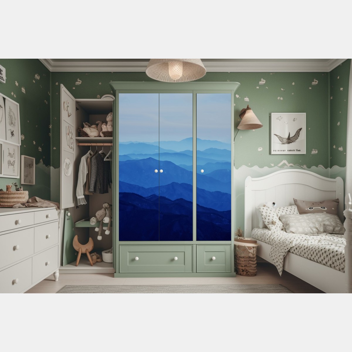 Schrankaufkleber neblige blaue bergschichten – Wallnifity® Schrankaufkleber neblige blaue bergschichten – Wallnifity®