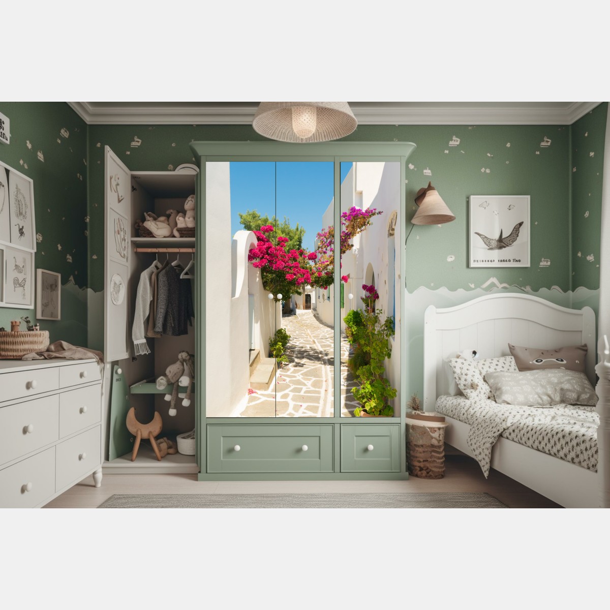 Schrankaufkleber sonnige mediterrane gasse mit bougainvillea – Wallnifity® Schrankaufkleber sonnige mediterrane gasse mit bougainvillea – Wallnifity®