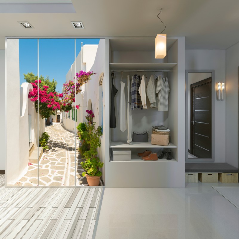 Schrankaufkleber sonnige mediterrane gasse mit bougainvillea – Wallnifity® Schrankaufkleber sonnige mediterrane gasse mit bougainvillea – Wallnifity®