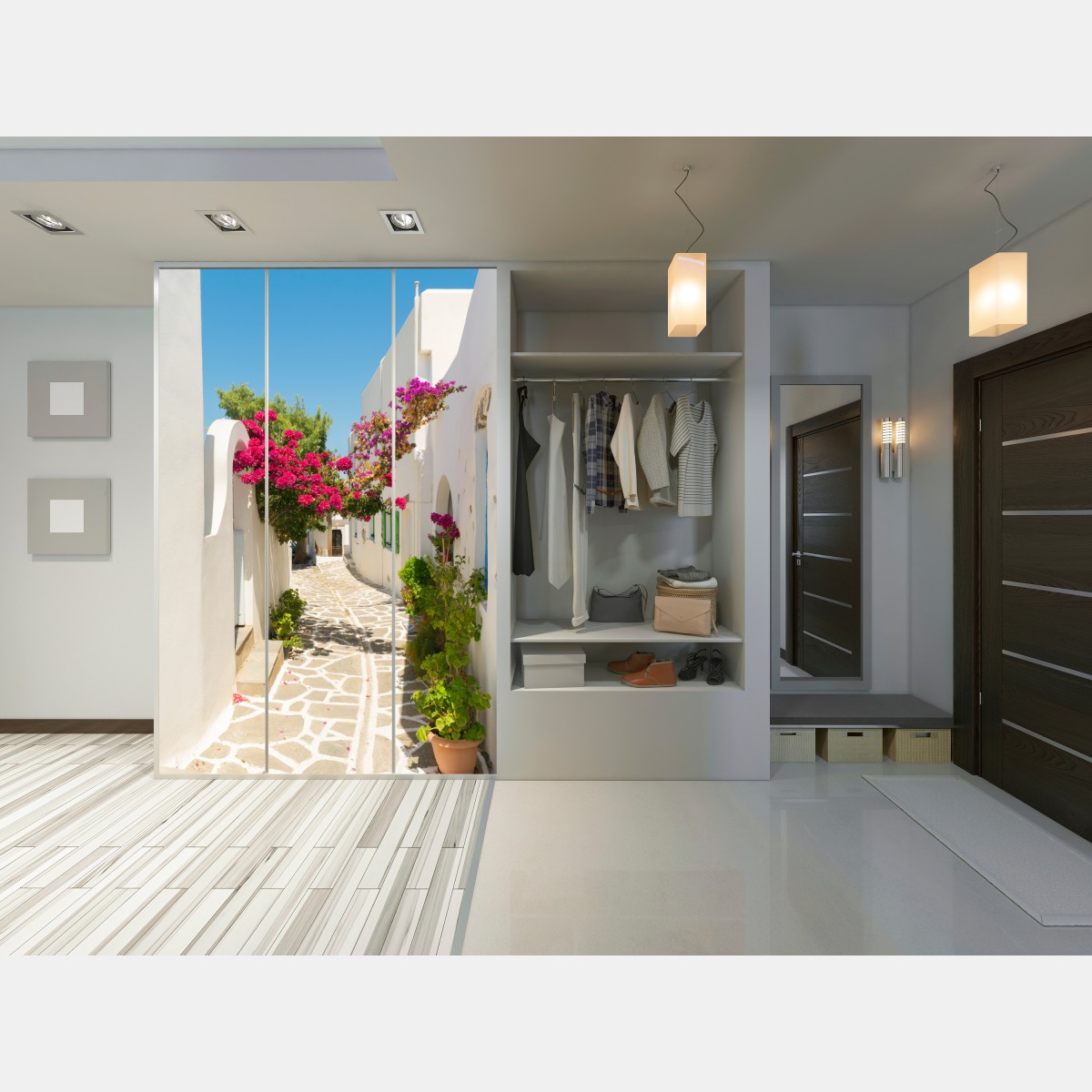 Schrankaufkleber sonnige mediterrane gasse mit bougainvillea – Wallnifity® Schrankaufkleber sonnige mediterrane gasse mit bougainvillea – Wallnifity®