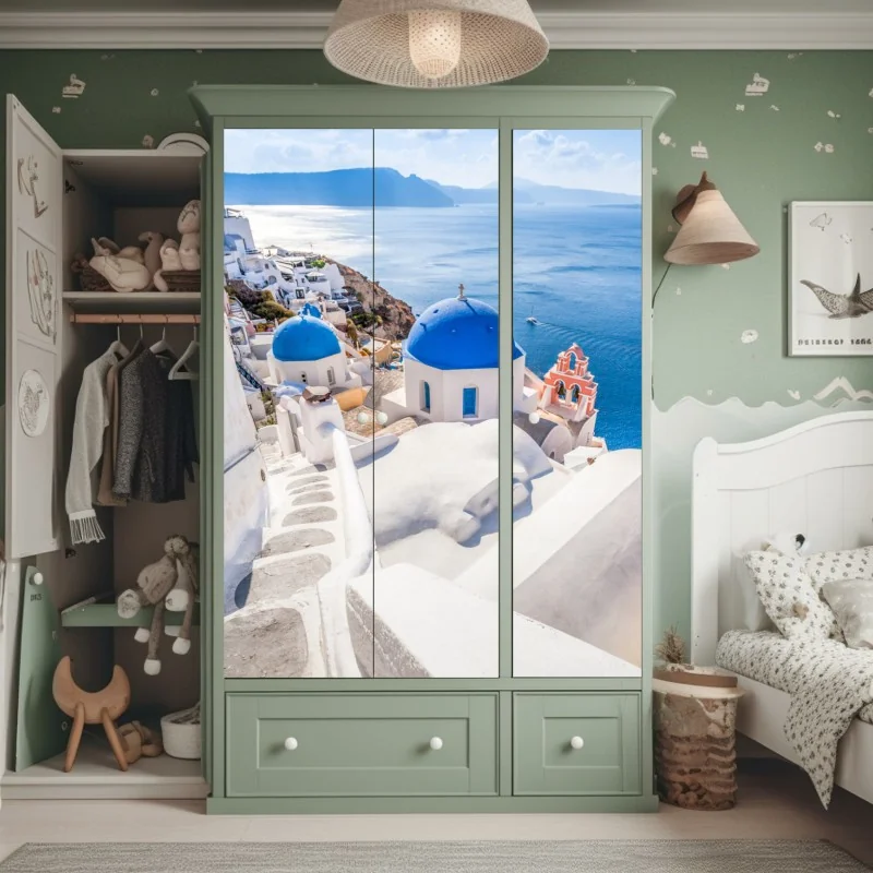 Schrankaufkleber sonniges Santorini blaue kuppeln und meerblick – Wallnifity® Schrankaufkleber sonniges Santorini blaue kuppeln und meerblick – Wallnifity®